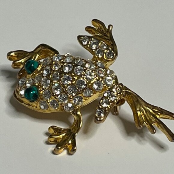 Clear Green Rhinestones Gold Tone Leaping Frog Brooch Pin 1.25" - Picture 7 of 14